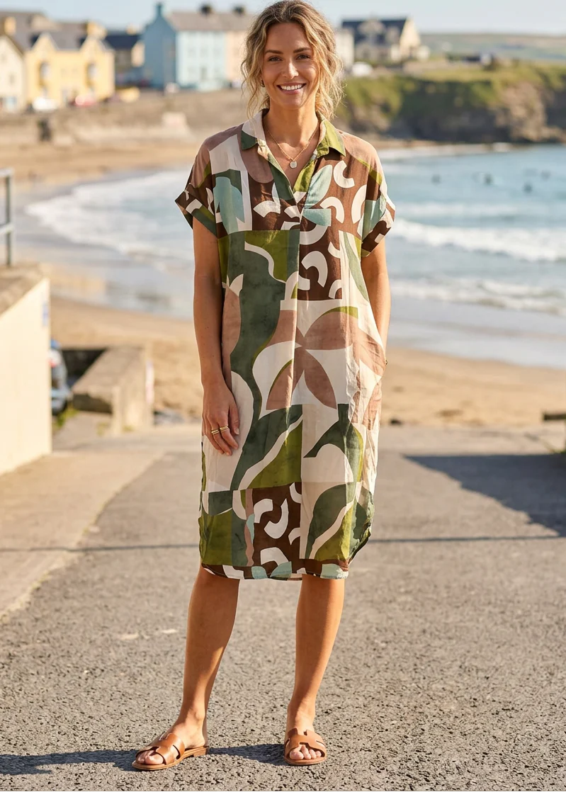 Deborah Khaki Print Collar Dress - Image 3