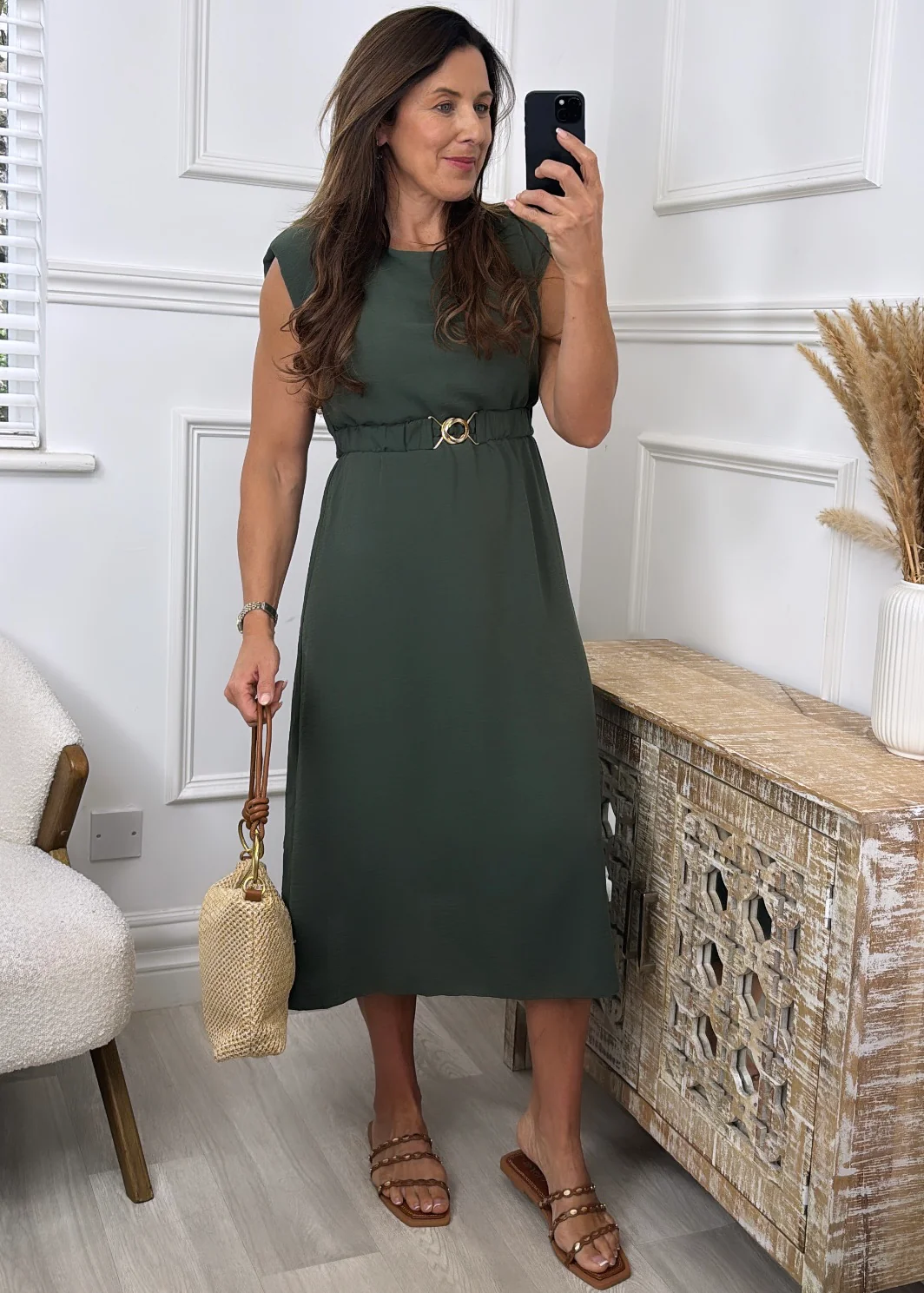 Rhonda Khaki Shoulder Pad Dress