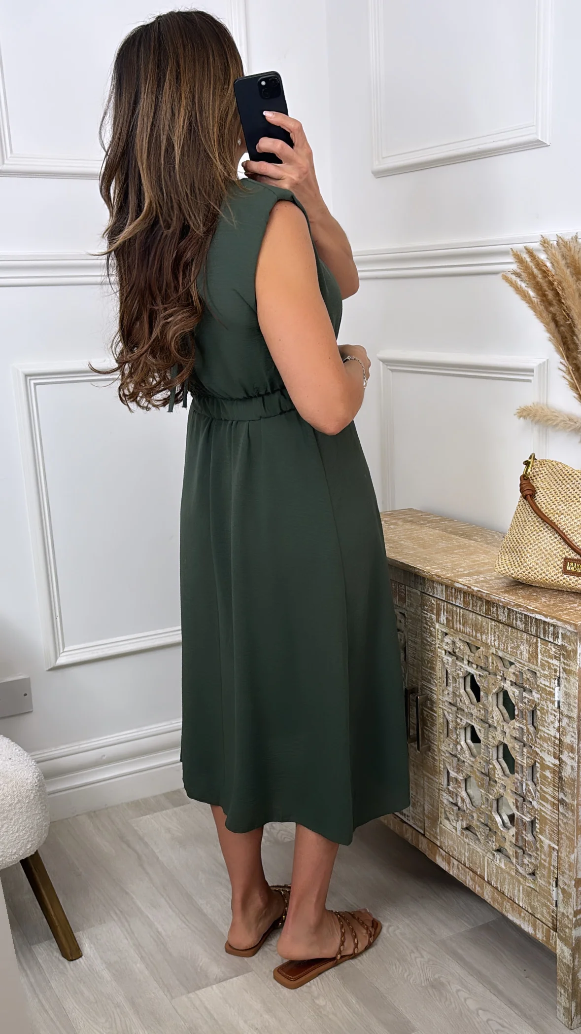 Rhonda Khaki Shoulder Pad Dress - Image 4