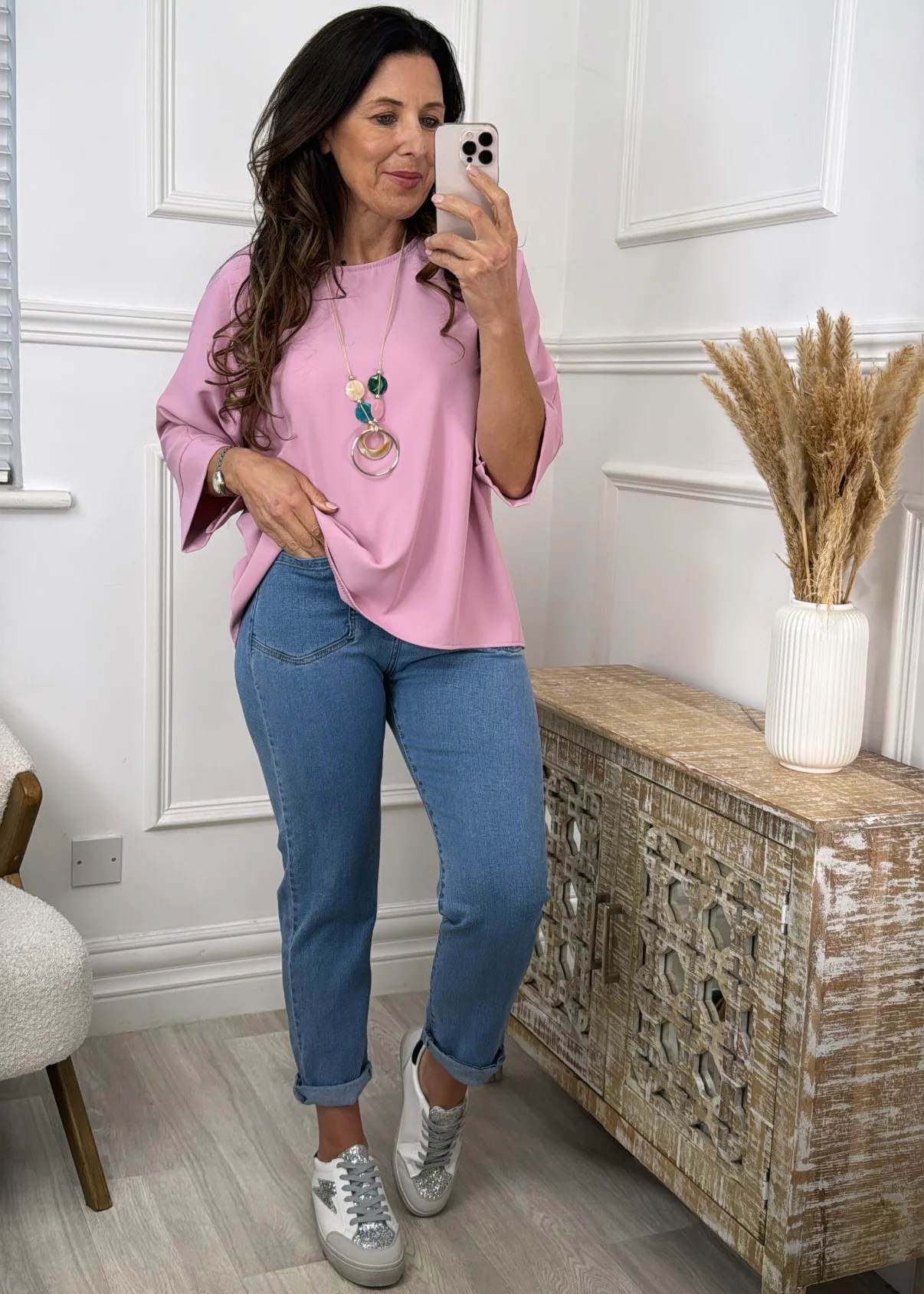 Brenna Dusty Pink Flowing Blouse With Necklace - Image 2