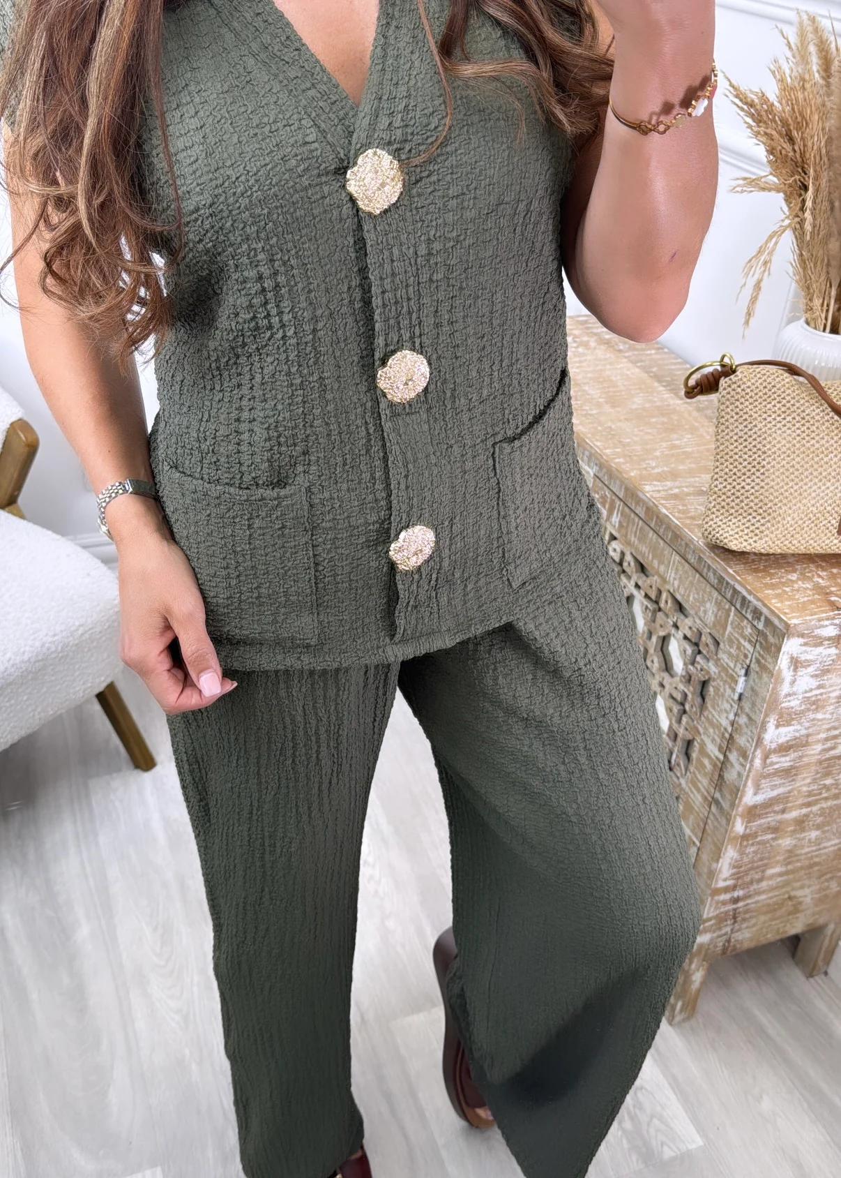 Fiona Khaki Gold Button Set - Image 3