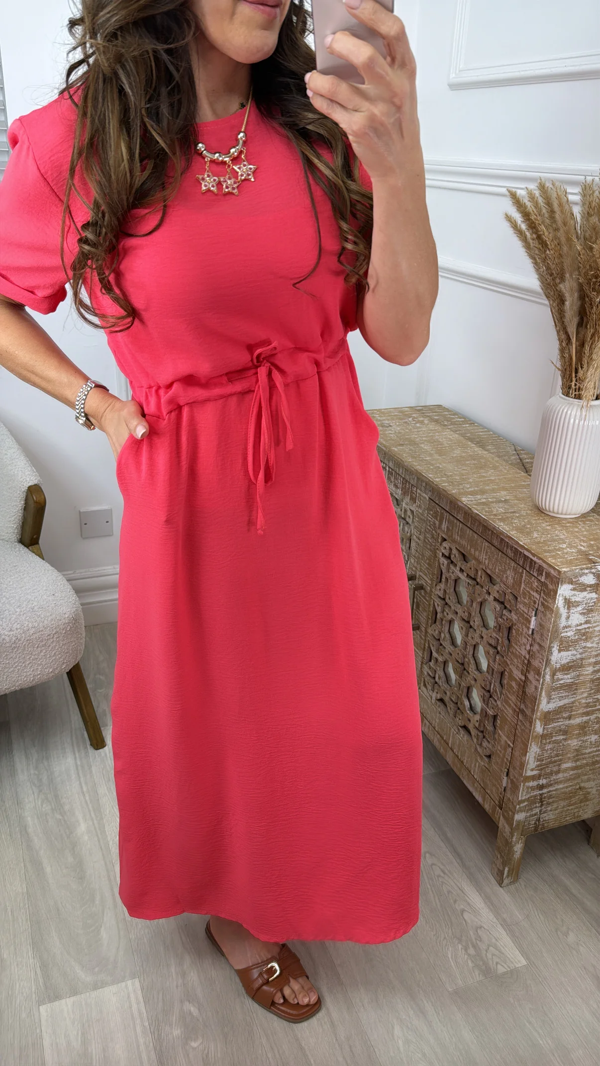 Indiana Watermelon Red Drawstring Waist Maxi Dress - Image 2