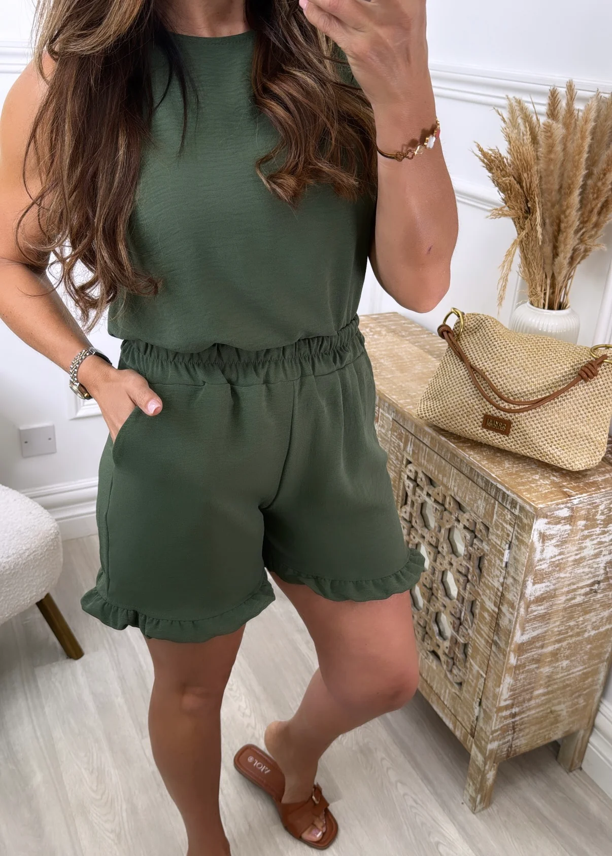 Kirsty Khaki Top and Shorts Set - Image 2