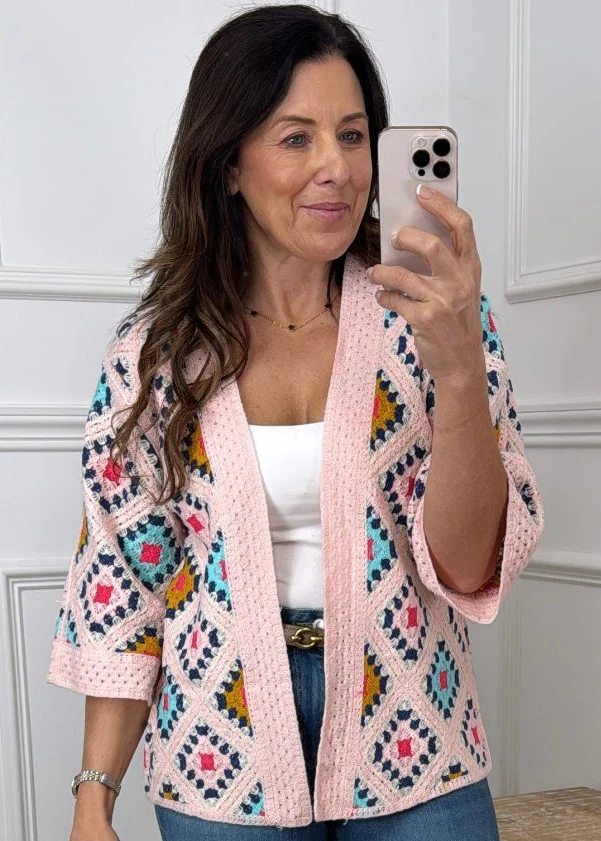 Kym Pink Crochet Knit Cardigan