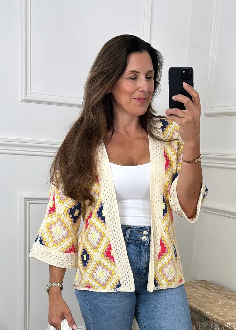 Kym Yellow Crochet Knit Cardigan - Image 2