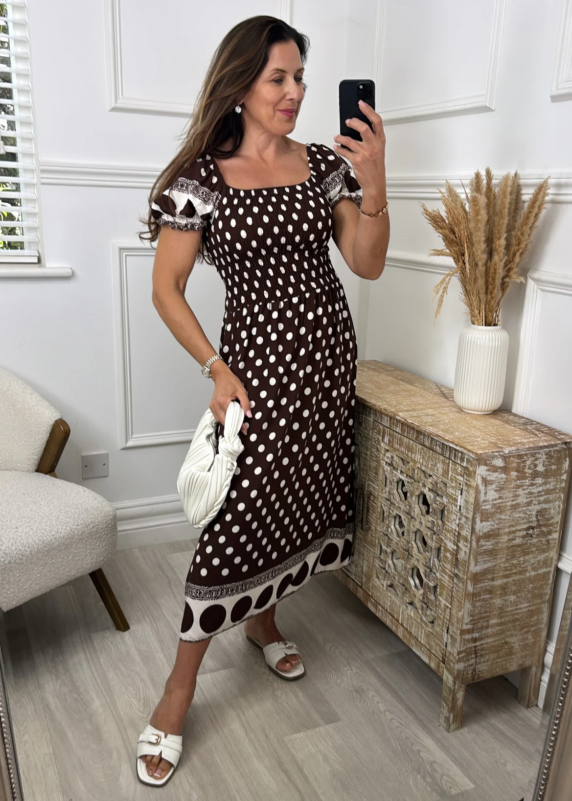Marisse Brown Polka Dot Midi Dress - Image 3