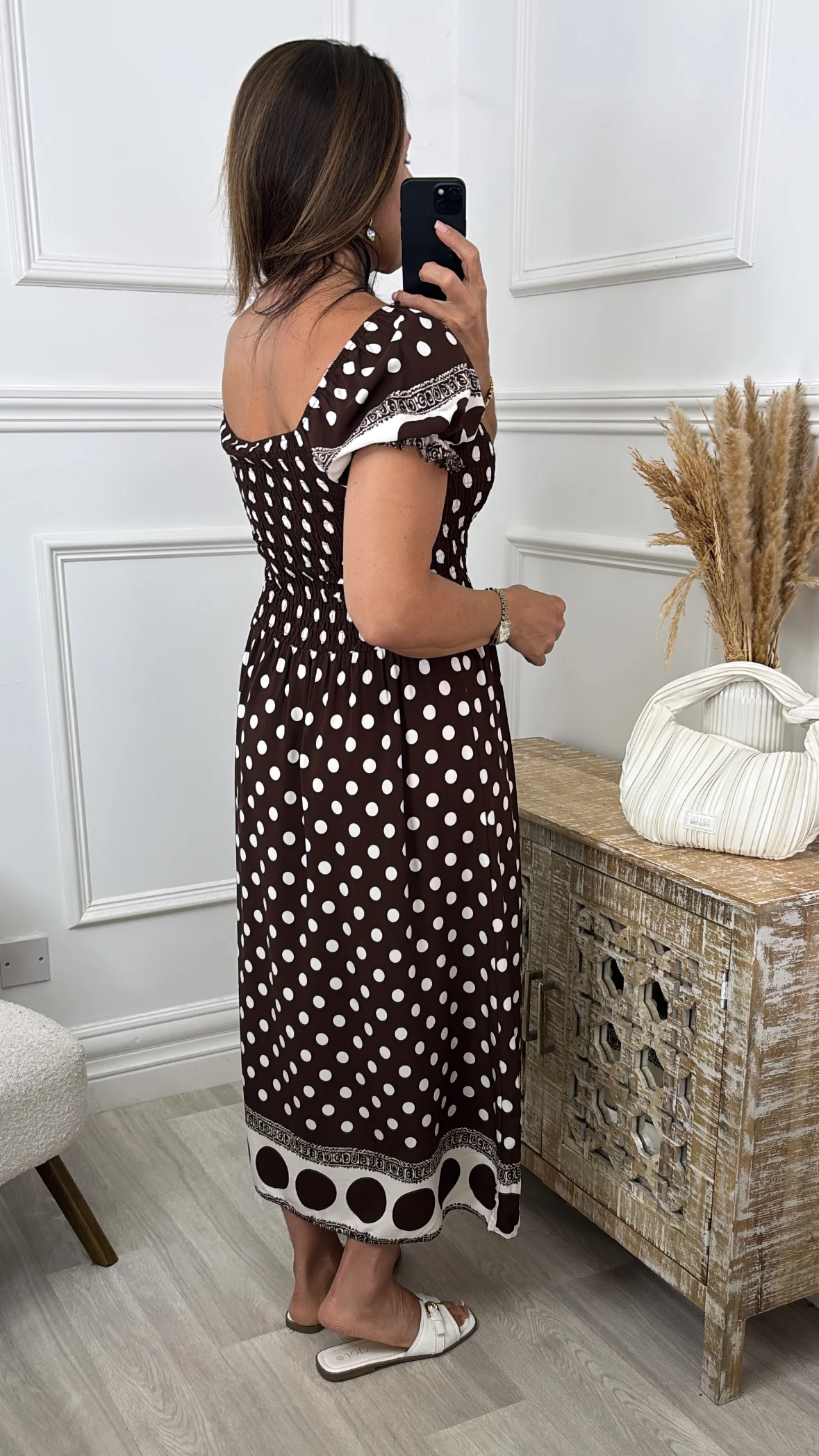Marisse Brown Polka Dot Midi Dress - Image 5