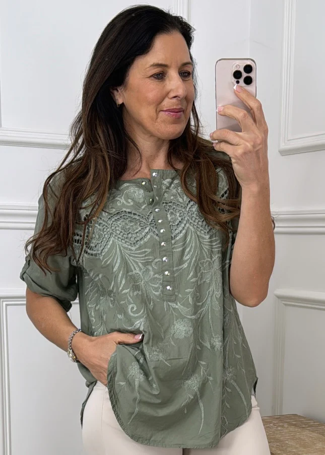 Martina Khaki Crochet Detail Blouse