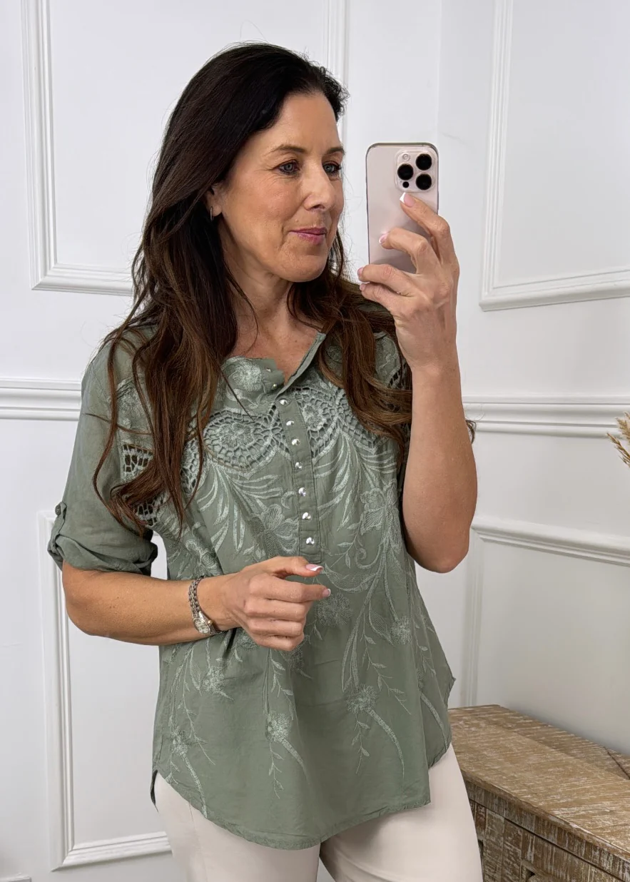 Martina Khaki Crochet Detail Blouse - Image 3