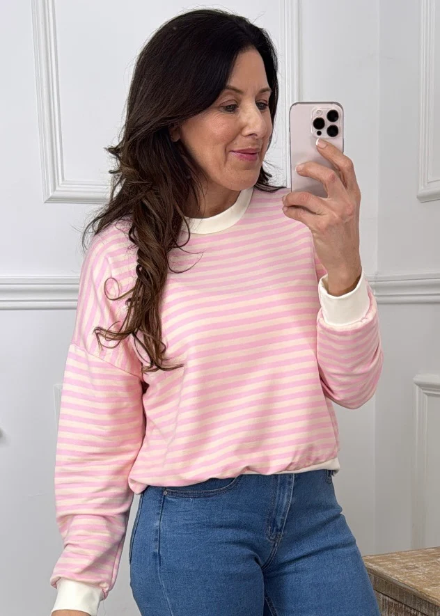 Mirelle Cream And Pink Stripe Sweatshirt