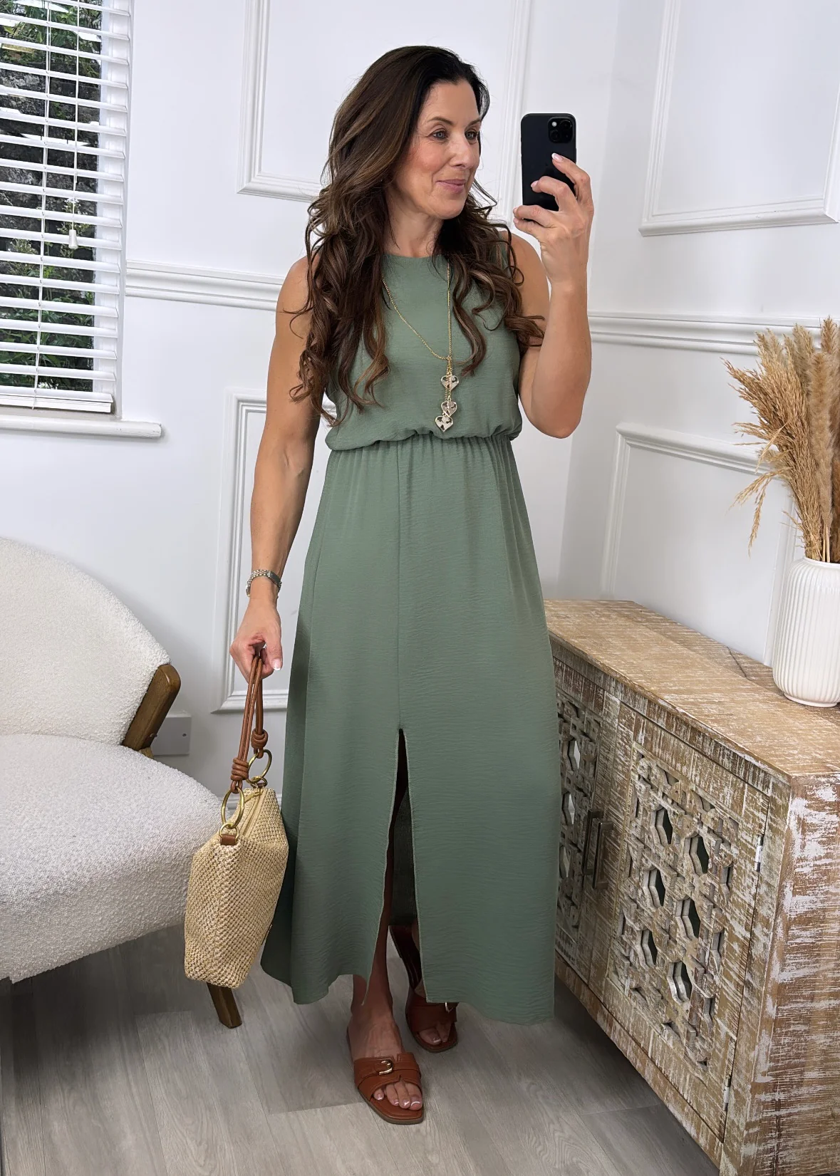 Moira Khaki High Neck Maxi Dress with Necklace - Image 2