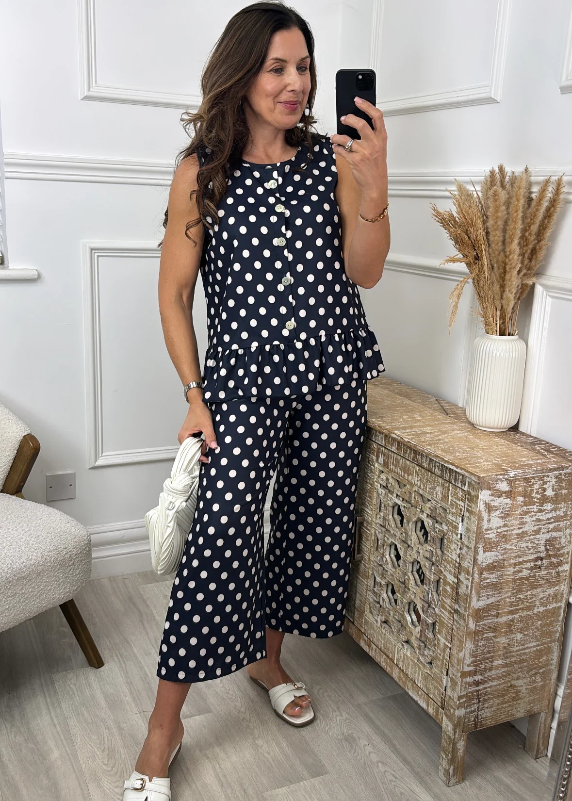 Olivia Navy Polka Frill Hem Top Set