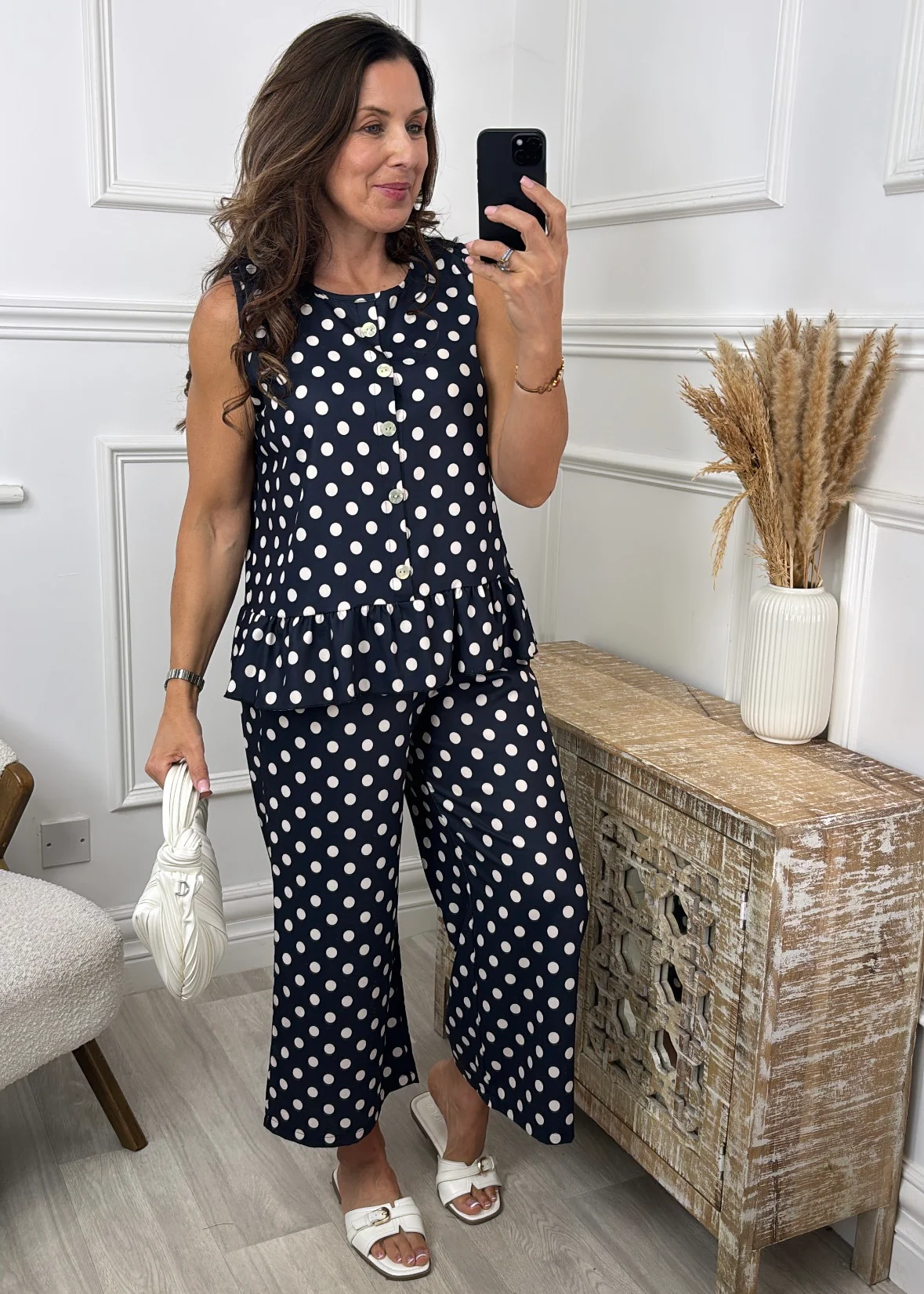 Olivia Navy Polka Frill Hem Top Set - Image 2