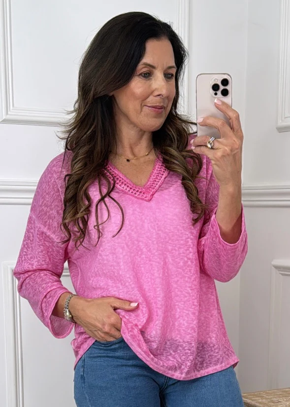 Philomena Pink Crochet Neck Top