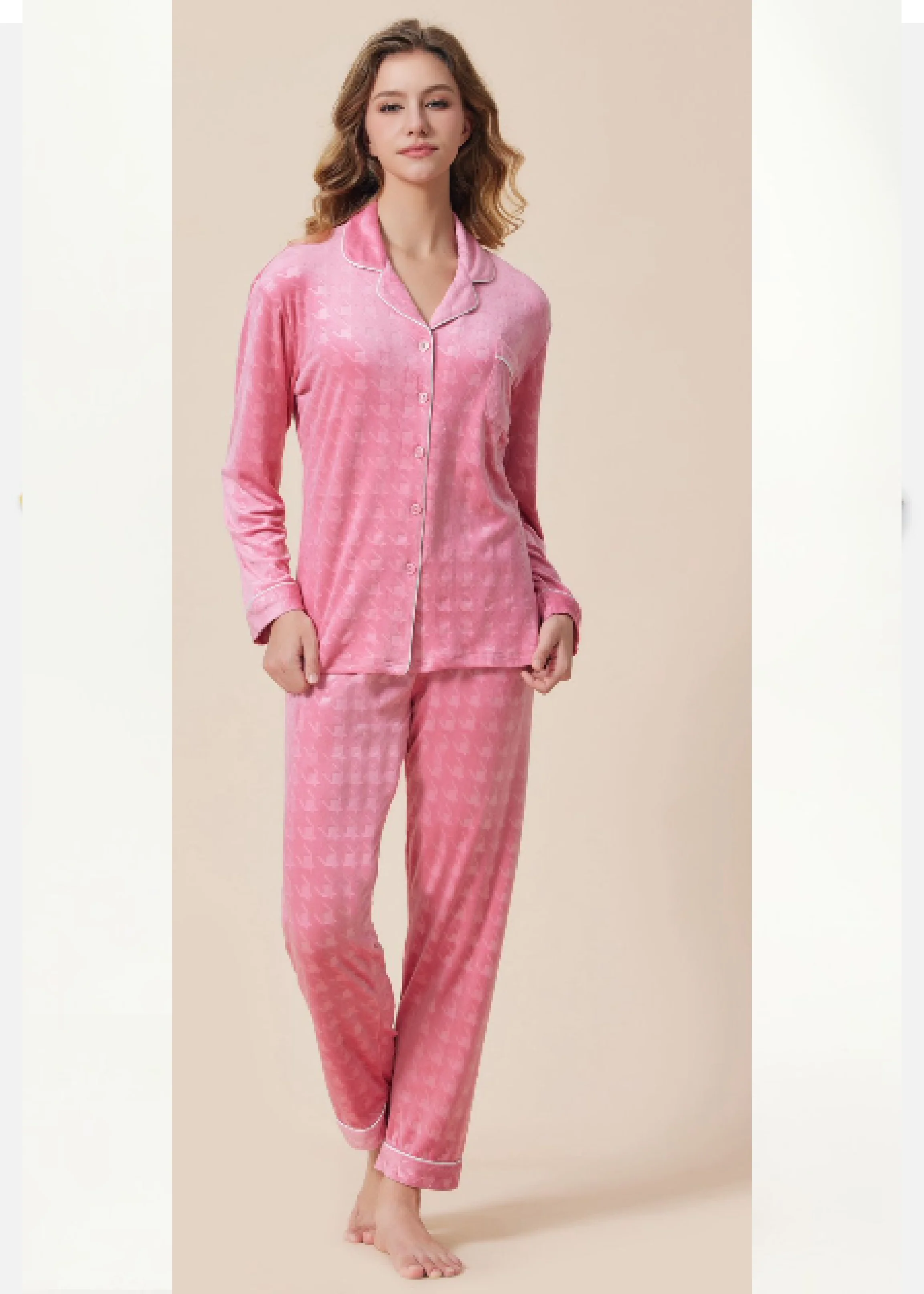 Polly Pink Embossed Pattern Velour Pajama - Image 4