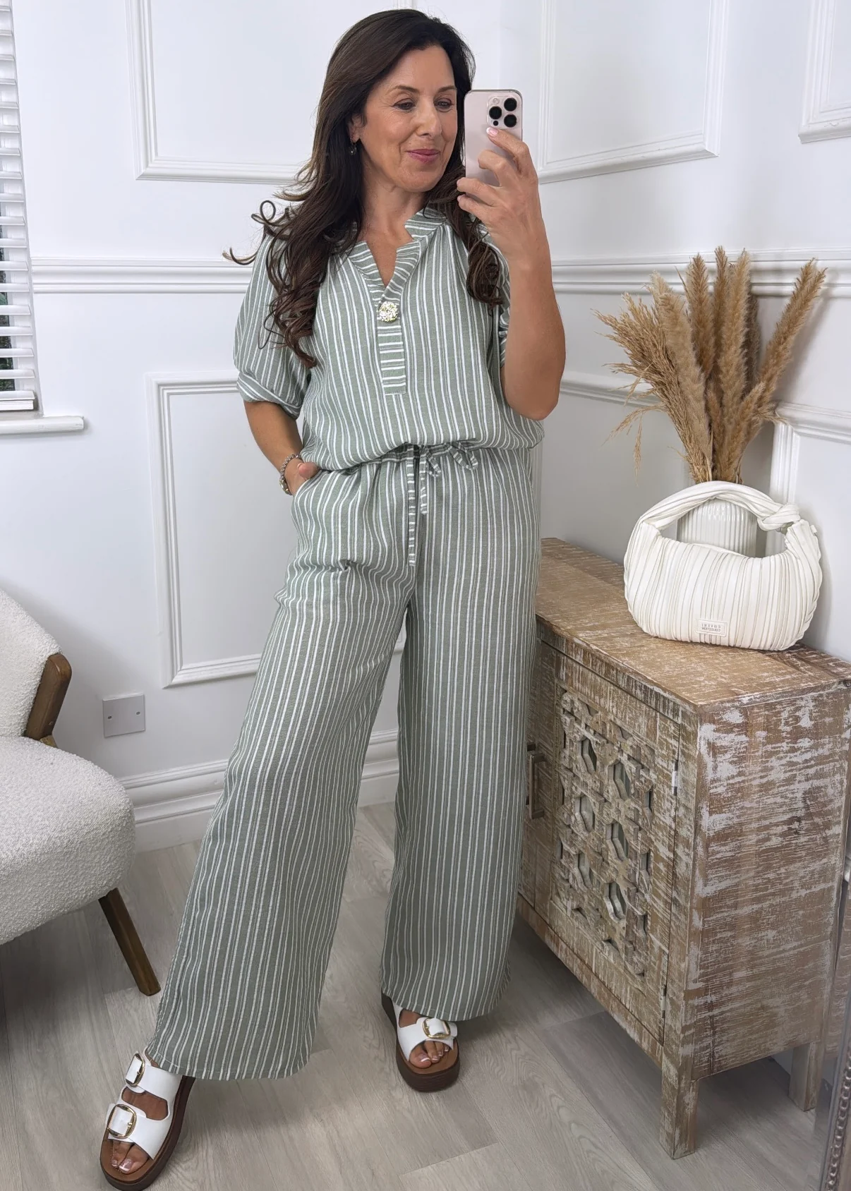 Serena Khaki Top And Pants Striped Set - Image 2