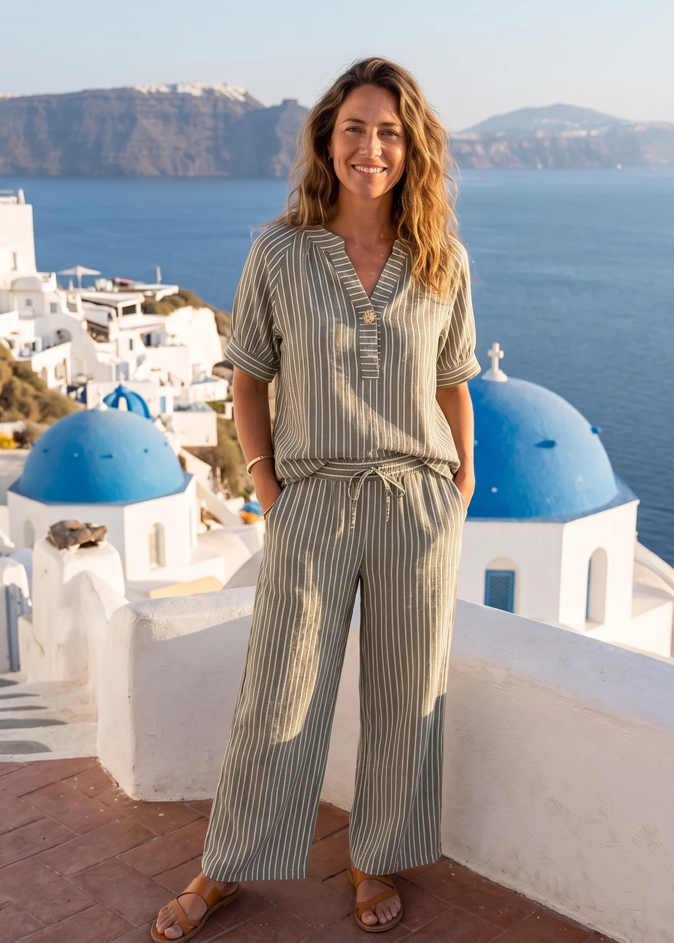 Serena Khaki Top And Pants Striped Set - Image 3