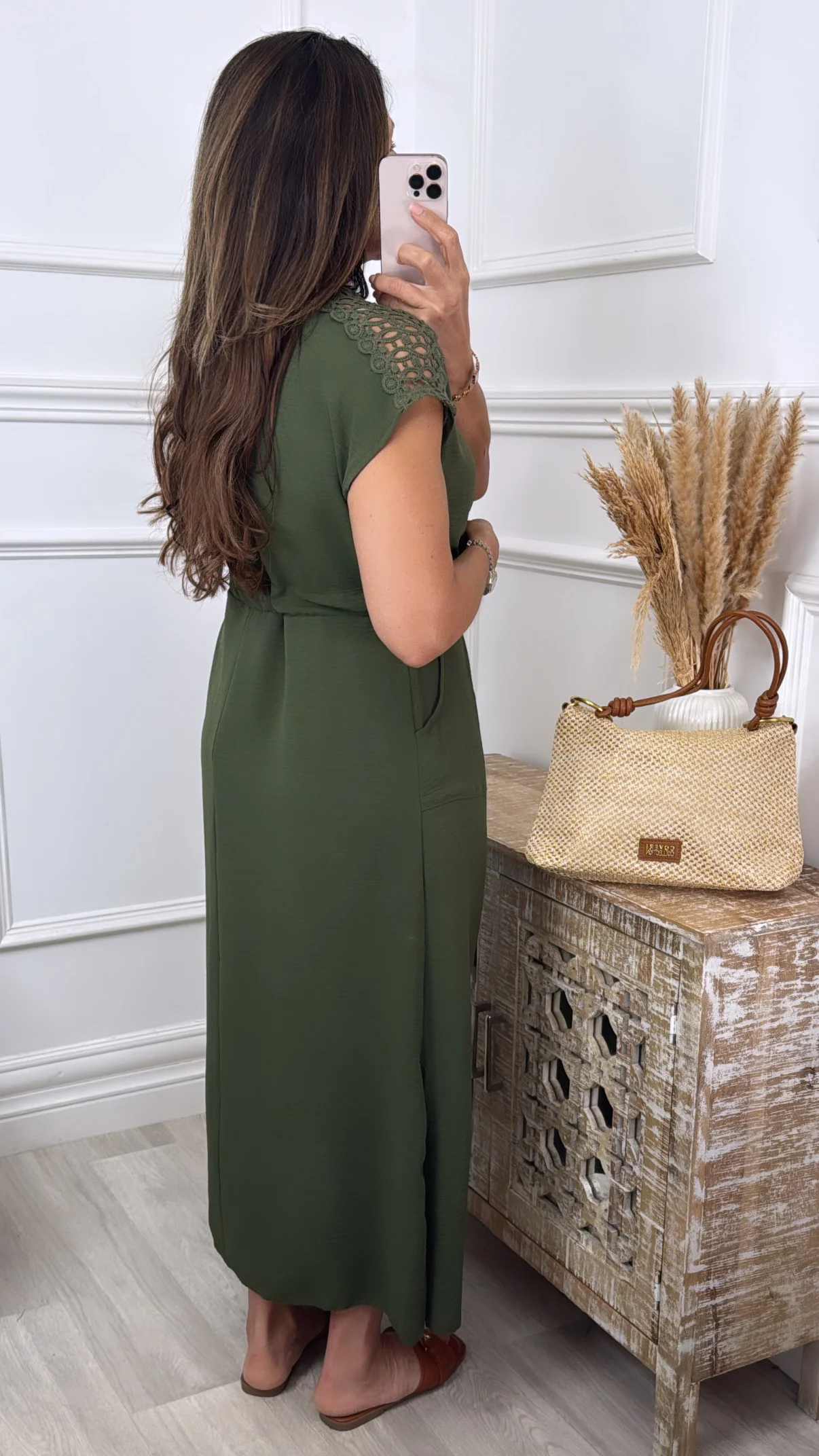 Sienna Khaki Crochet Detail Midi Dress - Image 4